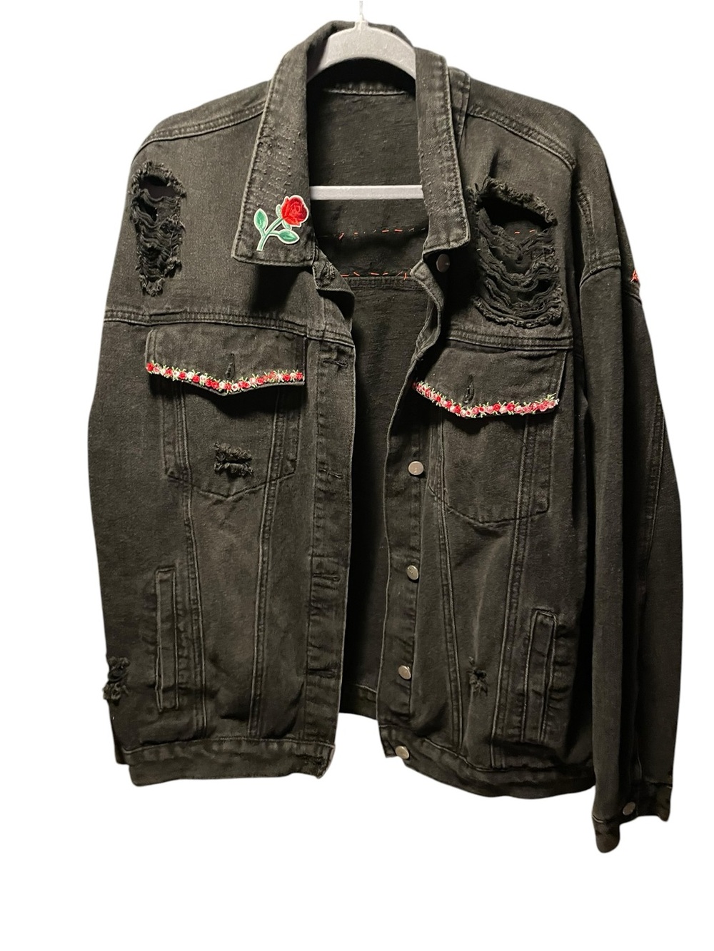 Upcycled one-of-a-kind Black Distressed Denim Jean Jacket with Rose Embroidery